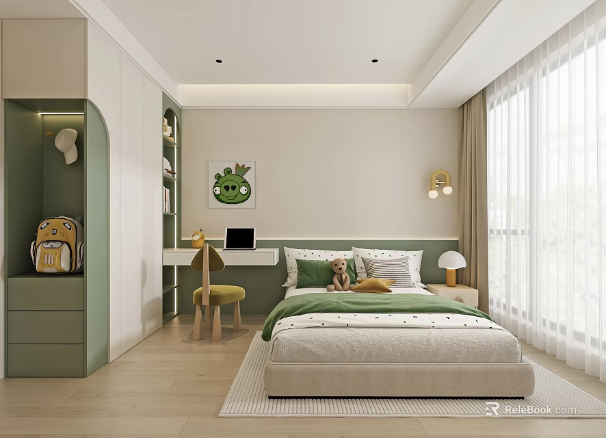 Modern Kids Bedroom With Green Decor Bed Study Desk And Storage 3d model 