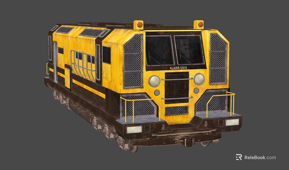 Yellow And Brown Train With Industrial Design Metal Grilles And Rails 3d model 