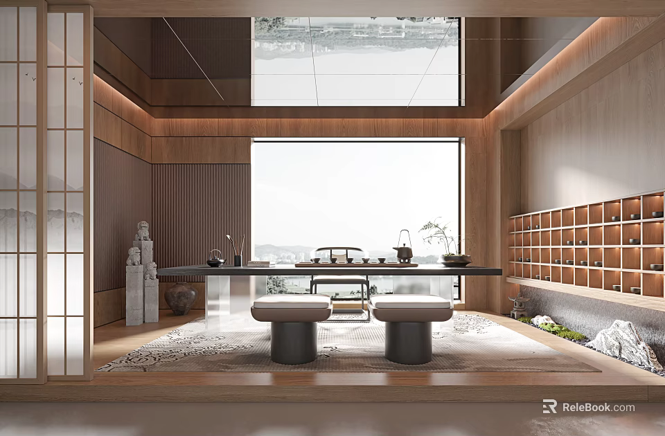 Modern Zen Tea Room Interior With Wooden Decor Large Window And Tea Set 3d model 