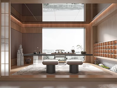 Modern Zen Tea Room Interior With Wooden Decor Large Window And Tea Set 3d model