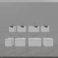 White Bathroom Sinks with Faucets and Towels on Two Shelves