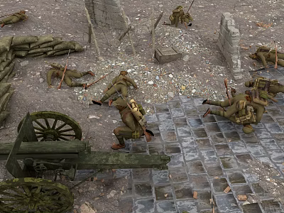 Cartoon Battlefield Scene with Soldiers Running and Lying Near Ancient Cannon and Stone Walls 3d model