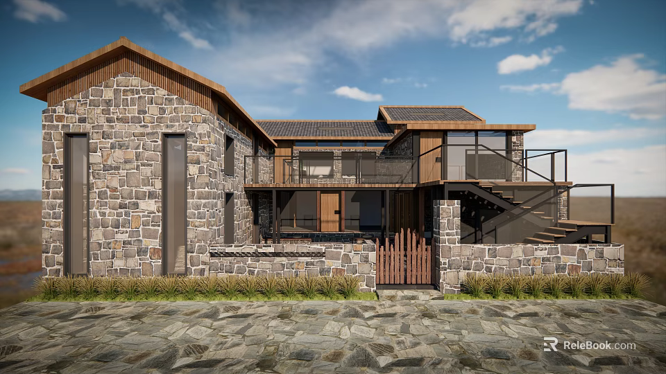 Traditional Guesthouse Building With Stone Walls Wooden Roof Open Balcony Glass Doors And Metal Stairs 3d model 