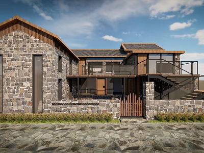 Traditional Guesthouse Building With Stone Walls Wooden Roof Open Balcony Glass Doors And Metal Stairs 3d model