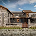 Traditional Guesthouse Building With Stone Walls Wooden Roof Open Balcony Glass Doors And Metal Stairs
