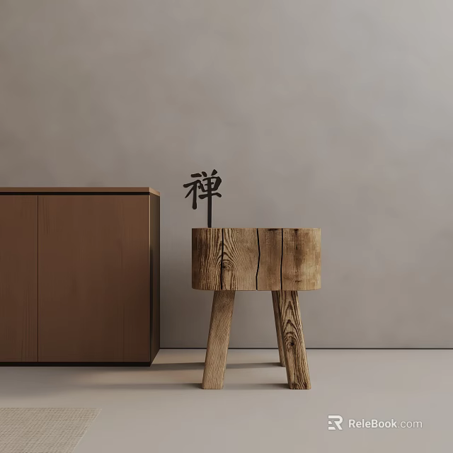 Wooden Side Table with Zen Inspired Design and Natural Log Texture Beside Brown Cabinet 3d model 