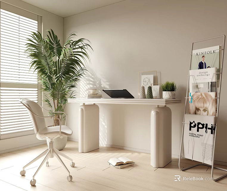 Modern Home Office Interior With Large Green Plant White Desk Laptop And Magazine Rack 3d model 