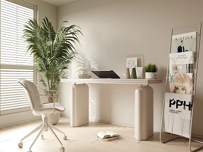 Modern Home Office Interior With Large Green Plant White Desk Laptop And Magazine Rack 3d model