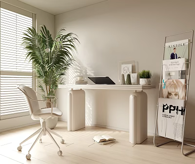 Modern Home Office Interior With Large Green Plant White Desk Laptop And Magazine Rack 3d model