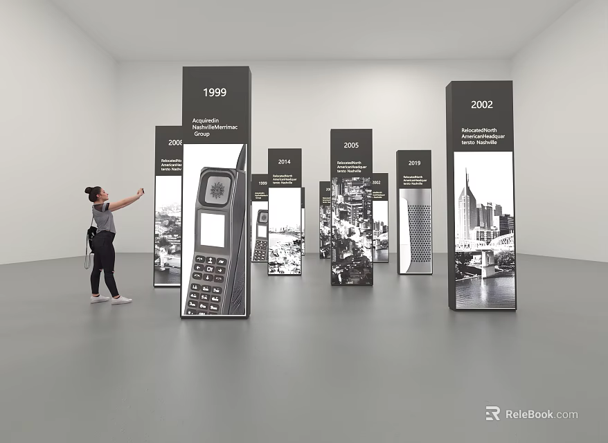 Person Pointing At Display Boards With Years And Images In Exhibition Hall 3d model 