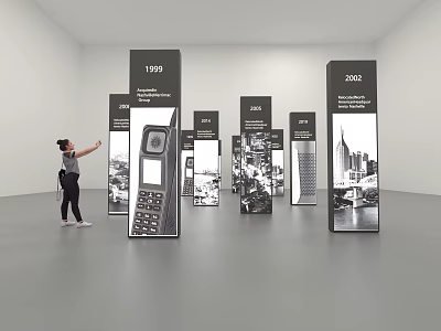 Person Pointing At Display Boards With Years And Images In Exhibition Hall 3d model