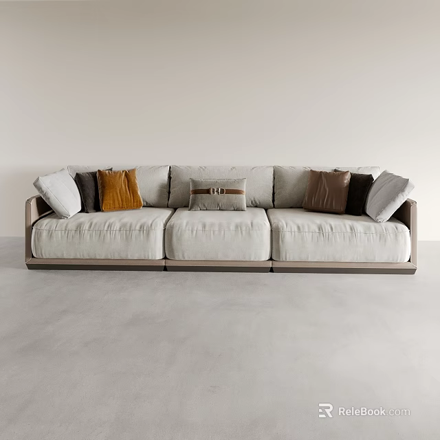 Modern Three Seater Fabric Sofa With Neutral And Colored Decorative Pillows 3d model 