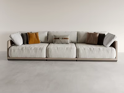 Modern Three Seater Fabric Sofa With Neutral And Colored Decorative Pillows 3d model