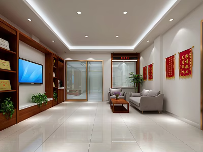 Modern Office Interior With TV Bookshelves Sofa Plants Red Banners And Glass Doors 3d model