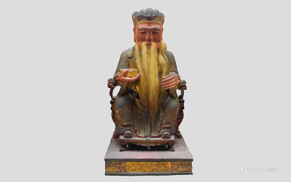 Traditional Hand Carved Seated Crowned Long Bearded Sculpture With Painted Base 3d model 