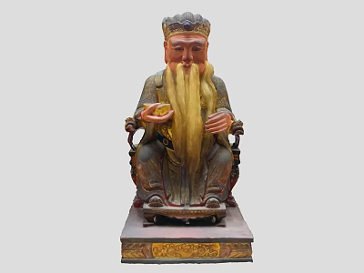 Traditional Hand Carved Seated Crowned Long Bearded Sculpture With Painted Base 3d model
