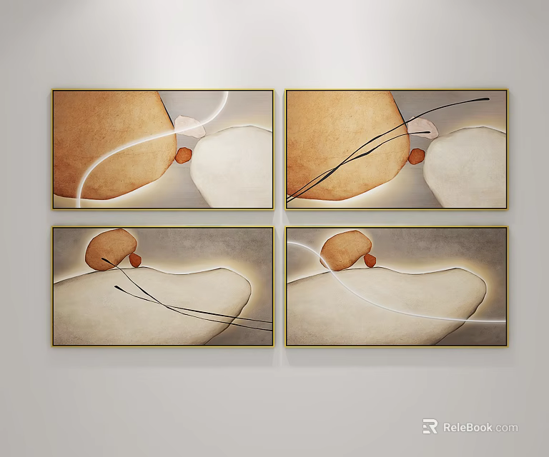Four Abstract Paintings With Gold Frames On White Wall Brown Beige Tones 3d model