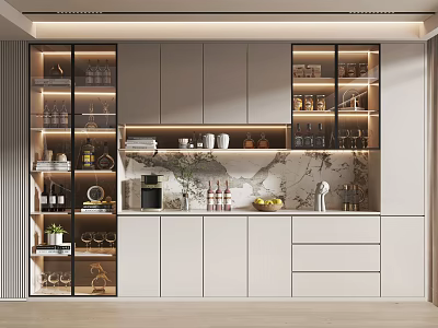 Modern Kitchen Wine Cabinet With Glass Doors And Illuminated Shelves Displaying Wine Glasses And Bottles 3d model