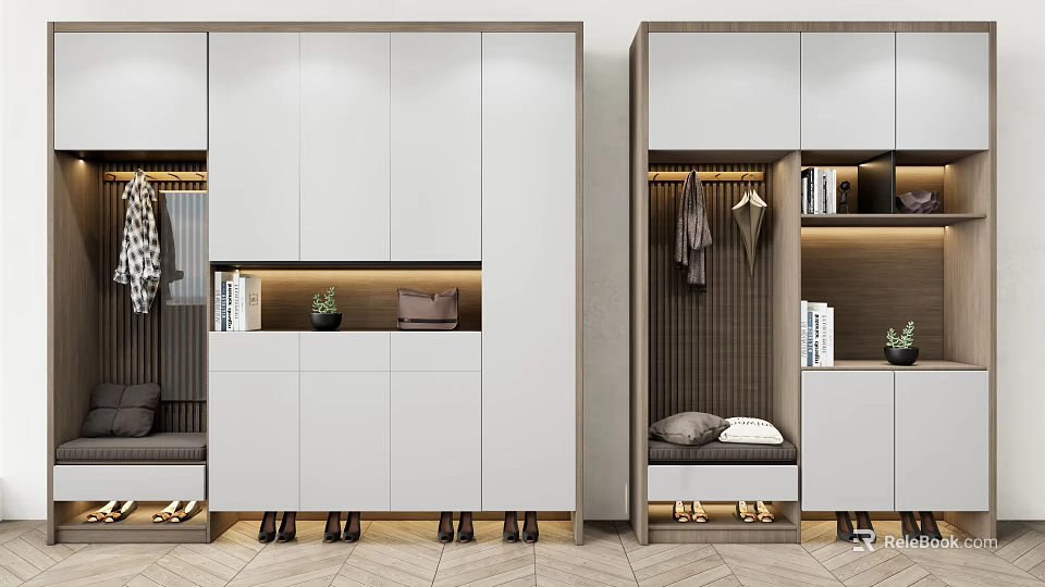 Modern Shoe Cabinet Interior With White Storage Cabinets Hooks And Bench 3d model