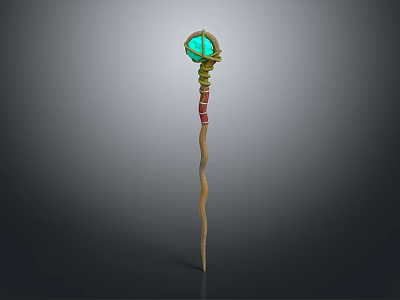 Snake Coiled Magic Staff With Green Gemstone And Red Decorative Bands 3d model