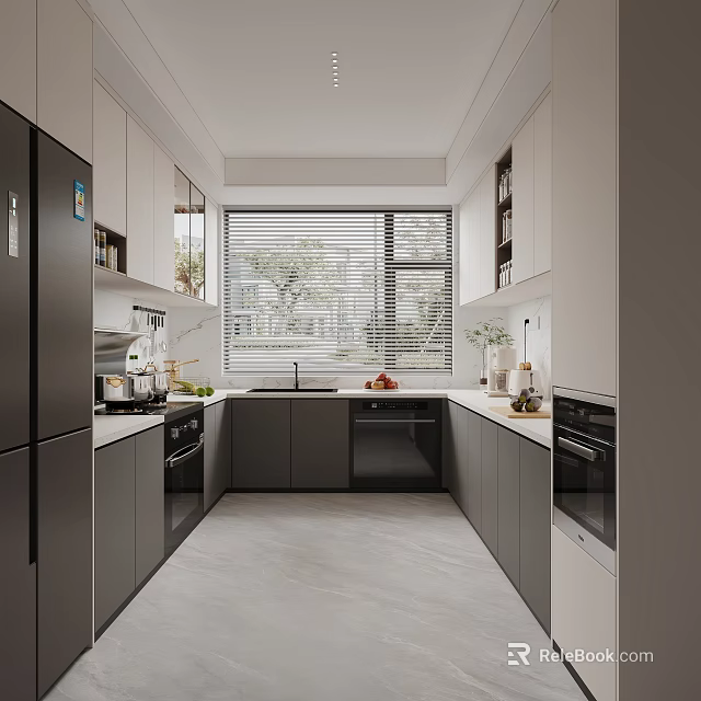 Modern Open Kitchen Interior With Gray Cabinets White Countertops And Appliances 3d model