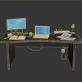 Practical Office Desk with Monitor Laptop Desk Lamp Open Book and Papers