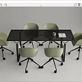 Modern Conference Table with Black Glass Top Light Green Rolling Chairs and White Notebook