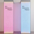 Illuminated Decorative Columns With Hi Welcome Happy Text And Pink Blue Lighting Patterns