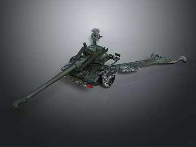 Military Field Artillery Gun With Long Barrel Camouflage Carriage And Wheels 3d model
