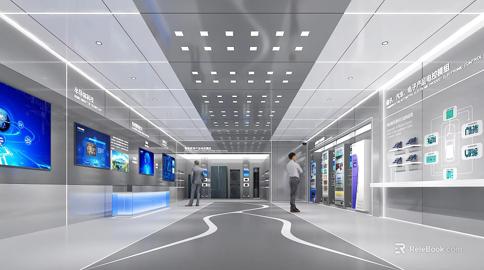 Modern Exhibition Hall Interior With Digital Screens Display Cabinets And Visitors 3d model 