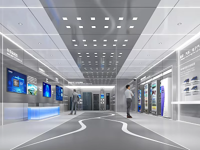 Modern Exhibition Hall Interior With Digital Screens Display Cabinets And Visitors 3d model
