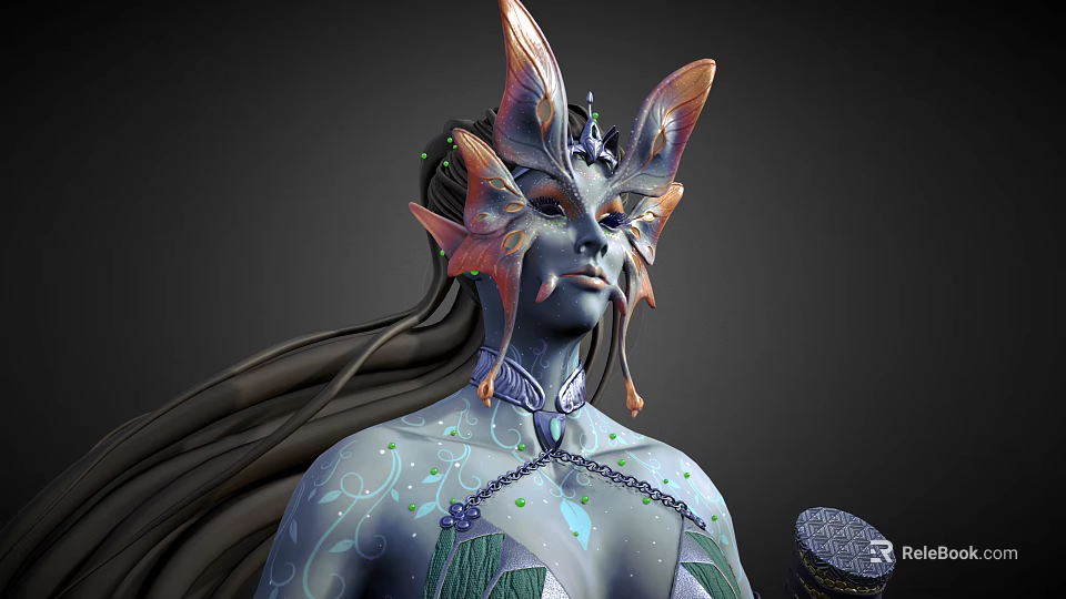 Blue Skinned Mythical Character With Butterfly Headdress Long Black Hair Body Patterns And Necklace 3d model