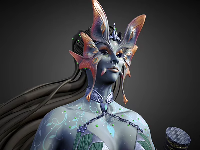 Blue Skinned Mythical Character With Butterfly Headdress Long Black Hair Body Patterns And Necklace 3d model