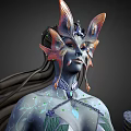 Blue Skinned Mythical Character With Butterfly Headdress Long Black Hair Body Patterns And Necklace 3d model
