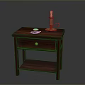 Dark Wooden Display Shelf Cabinet With Drawer Lower Shelf Candle Holder And Small Dish