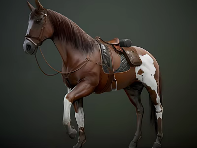 Highly Detailed Brown And White Horse With Saddle And Reins 3d model