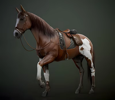 Highly Detailed Brown And White Horse With Saddle And Reins 3d model