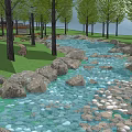 Waterfront Landscape Design With Lush Grass Trees And Natural Rock Pond
