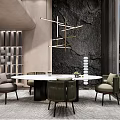 Modern Restaurant Interior With Round Dining Table Textured Wall And Hanging Light Fixture 3d model
