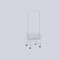 Metal Cart With Wire Basket And Wheels Against Light Blue Wall On White Marble Floor