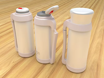 Three White Thermal Mugs With Different Lid Designs Handles On Wooden Tabletop 3d model