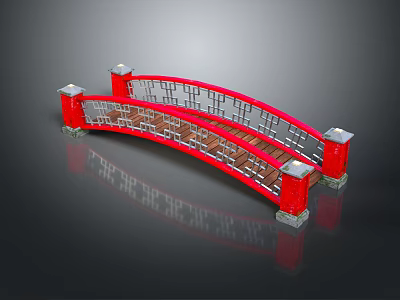 Chinese Style Red Arch Bridge With Traditional Railings And Wooden Deck 3d model