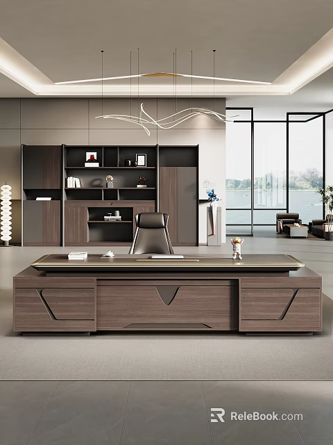 Modern Office Interior Design With Executive Desk Leather Chair And Bookshelf Near Large Windows 3d model 