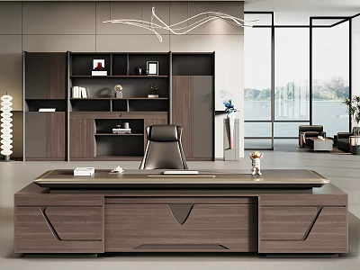 Modern Office Interior Design With Executive Desk Leather Chair And Bookshelf Near Large Windows 3d model