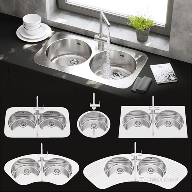 Stainless Steel Double Bowl Kitchen Sink With Faucet And Multiple Design Styles 3d model 