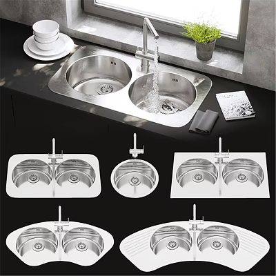 Stainless Steel Double Bowl Kitchen Sink With Faucet And Multiple Design Styles 3d model