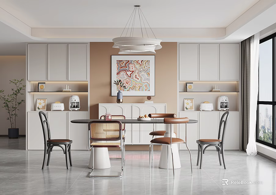 Modern Restaurant Dining Area With Round Table Woven Chairs White Pendant Light And Wall Art 3d model 