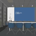 Modern Meeting Room Interior with Blue Wall Text Long Table Blue Chairs and Blackboard
