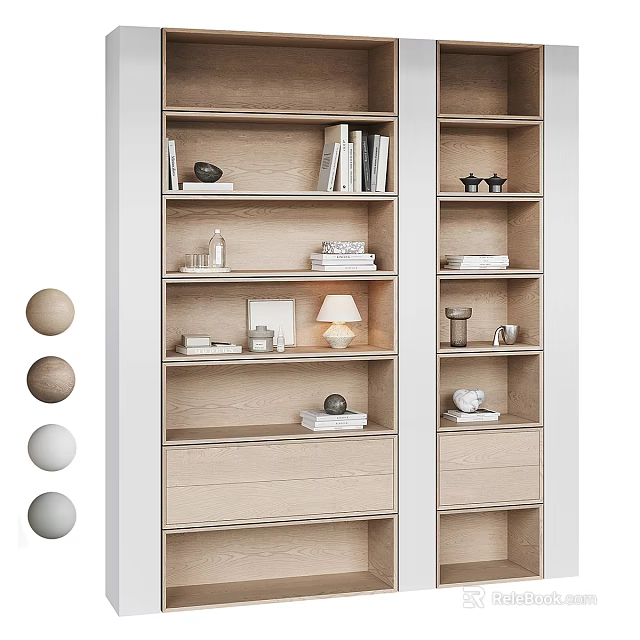Modern Wooden Bookcase With Multiple Shelves Holding Books Decorative Items And Table Lamp 3d model 
