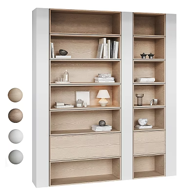 Modern Wooden Bookcase With Multiple Shelves Holding Books Decorative Items And Table Lamp 3d model